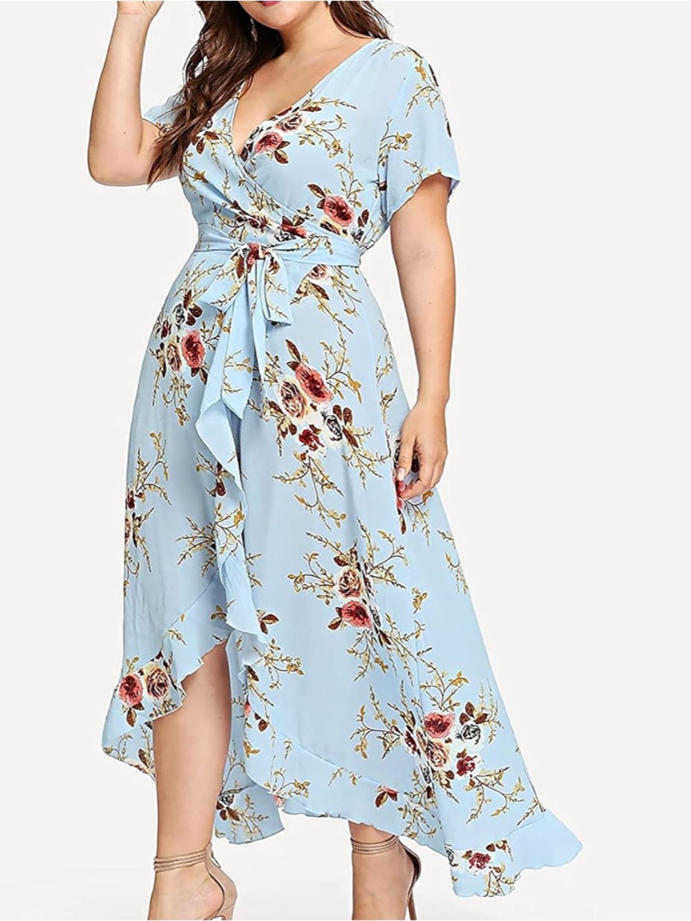 Floral Wrap Ruffle Midi Dress in Light Blue